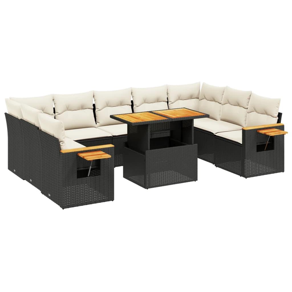 10 Piece Garden Sofa Set with Cushions Black Poly Rattan