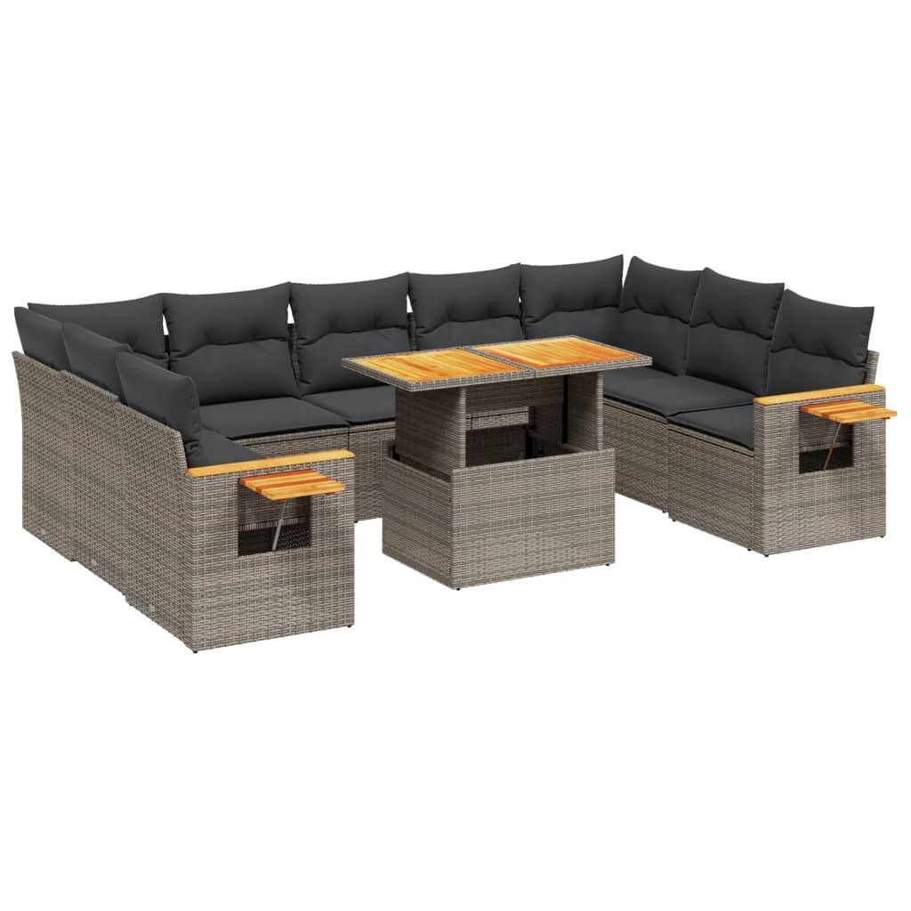 10 Piece Garden Sofa Set with Cushions Grey Poly Rattan