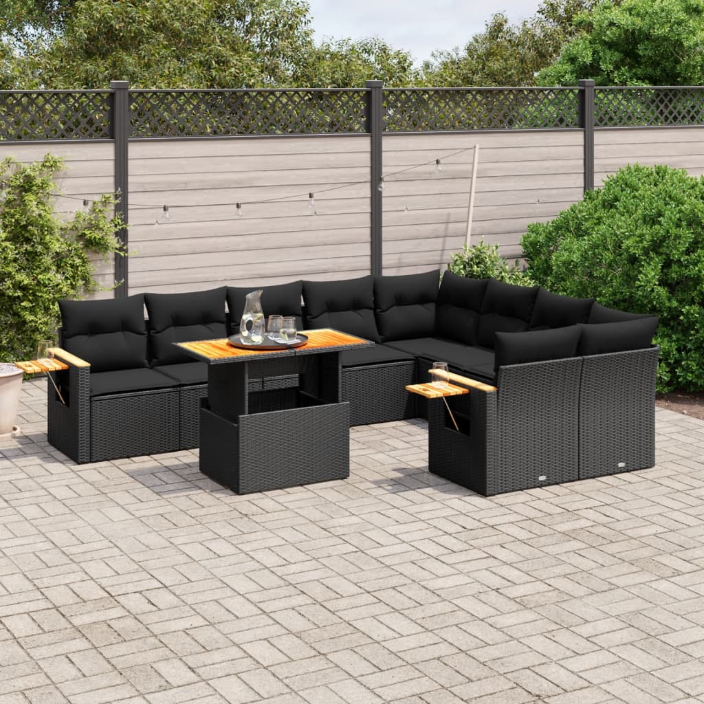 10 Piece Garden Sofa Set with Cushions Black Poly Rattan