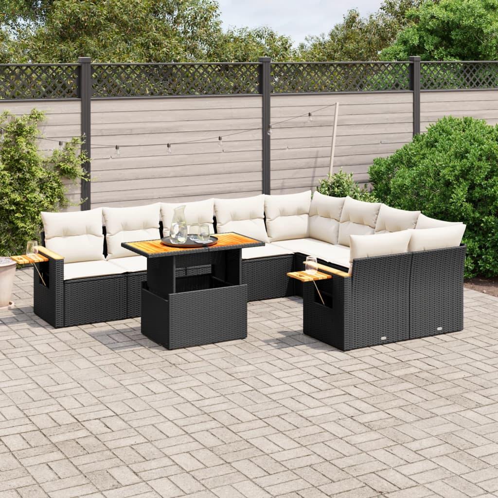 10 Piece Garden Sofa Set with Cushions Black Poly Rattan