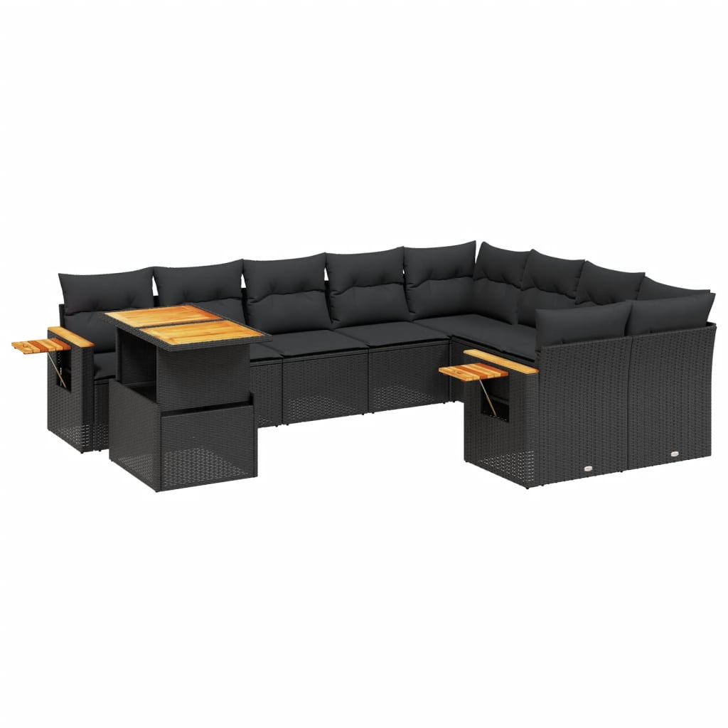 10 Piece Garden Sofa Set with Cushions Black Poly Rattan