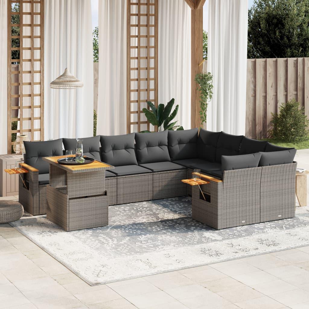 10 Piece Garden Sofa Set with Cushions Grey Poly Rattan