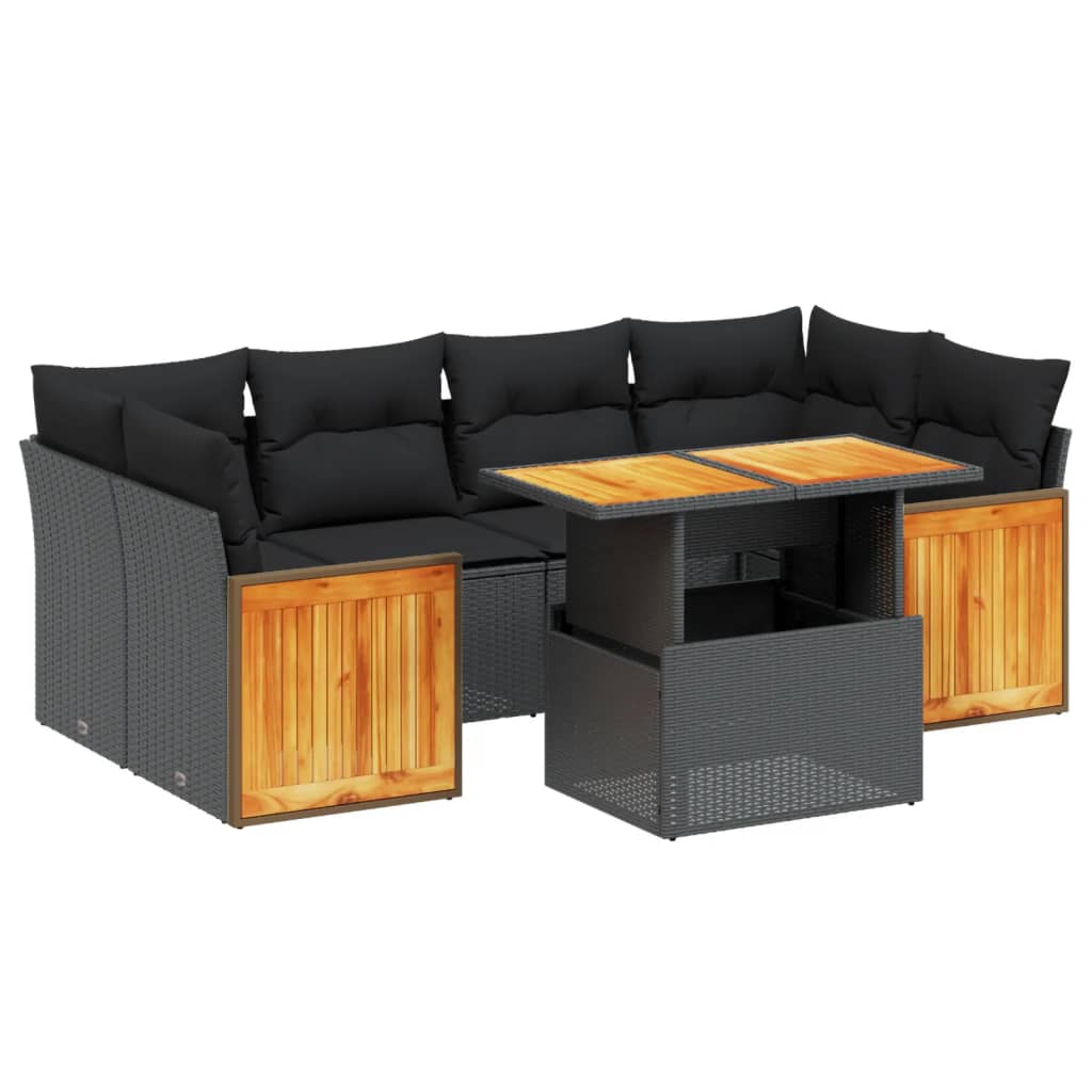 7 Piece Garden Sofa Set with Cushions Black Poly Rattan