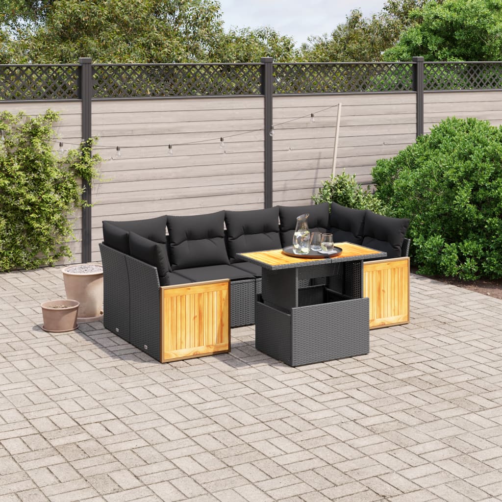 7 Piece Garden Sofa Set with Cushions Black Poly Rattan