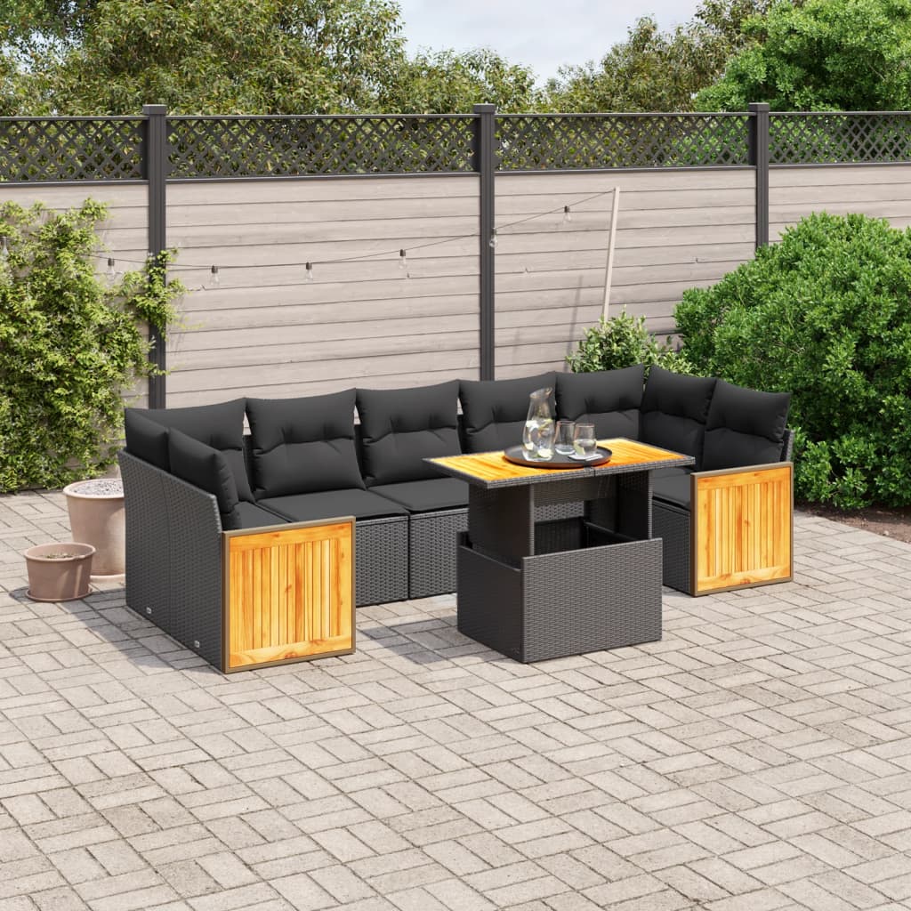 8 Piece Garden Sofa Set with Cushions Black Poly Rattan