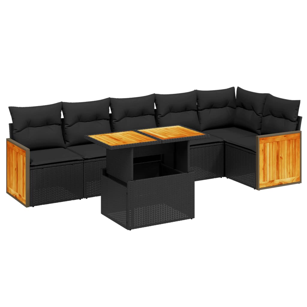 7 Piece Garden Sofa Set with Cushions Black Poly Rattan