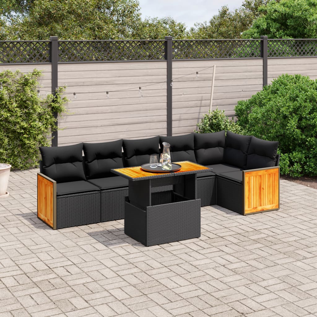 7 Piece Garden Sofa Set with Cushions Black Poly Rattan