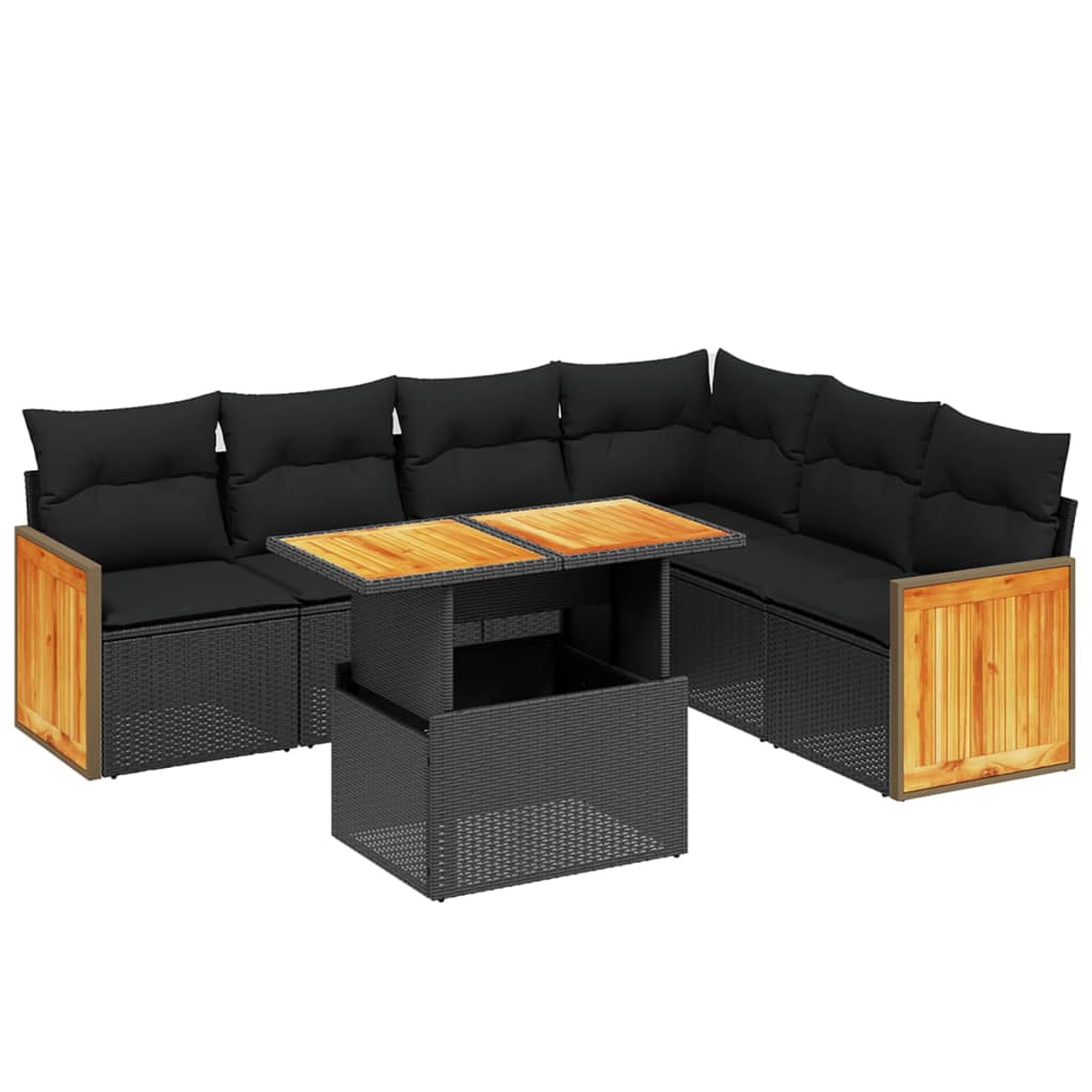 7 Piece Garden Sofa Set with Cushions Black Poly Rattan