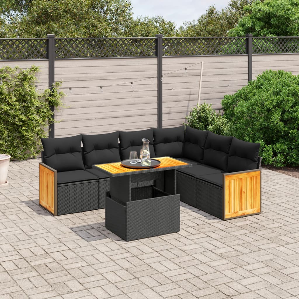 7 Piece Garden Sofa Set with Cushions Black Poly Rattan