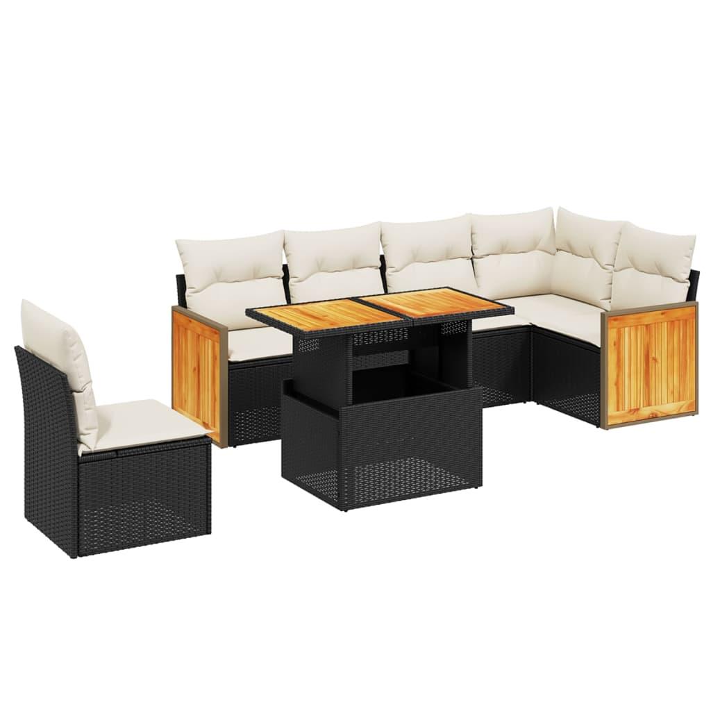 7 Piece Garden Sofa Set with Cushions Black Poly Rattan