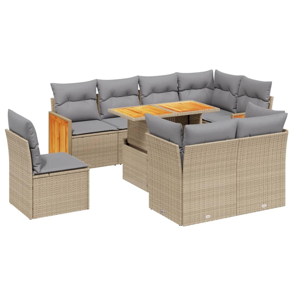 9 Piece Garden Sofa Set with Cushions Beige Poly Rattan