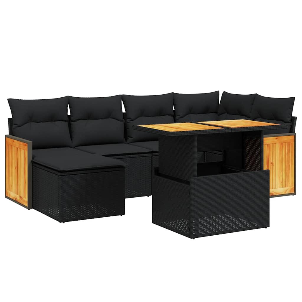 7 Piece Garden Sofa Set with Cushions Black Poly Rattan