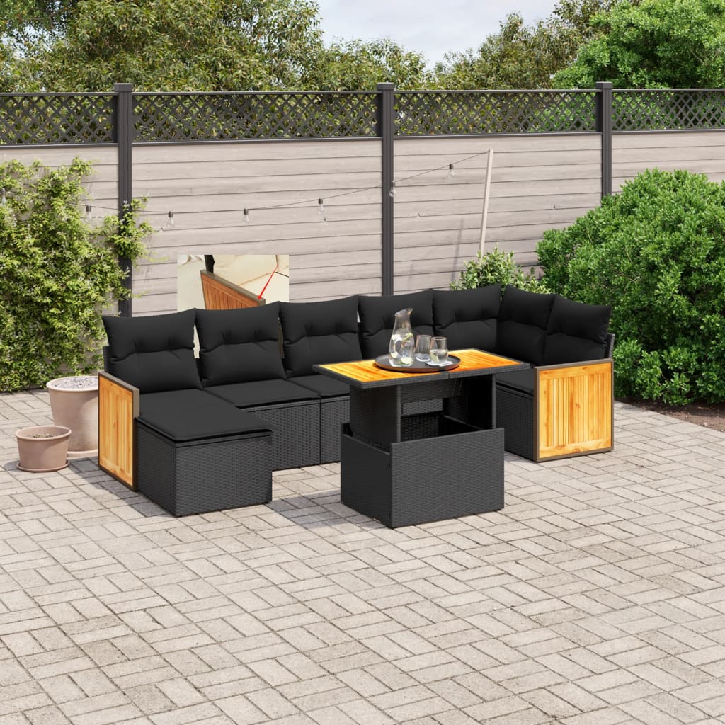 8 Piece Garden Sofa Set with Cushions Black Poly Rattan