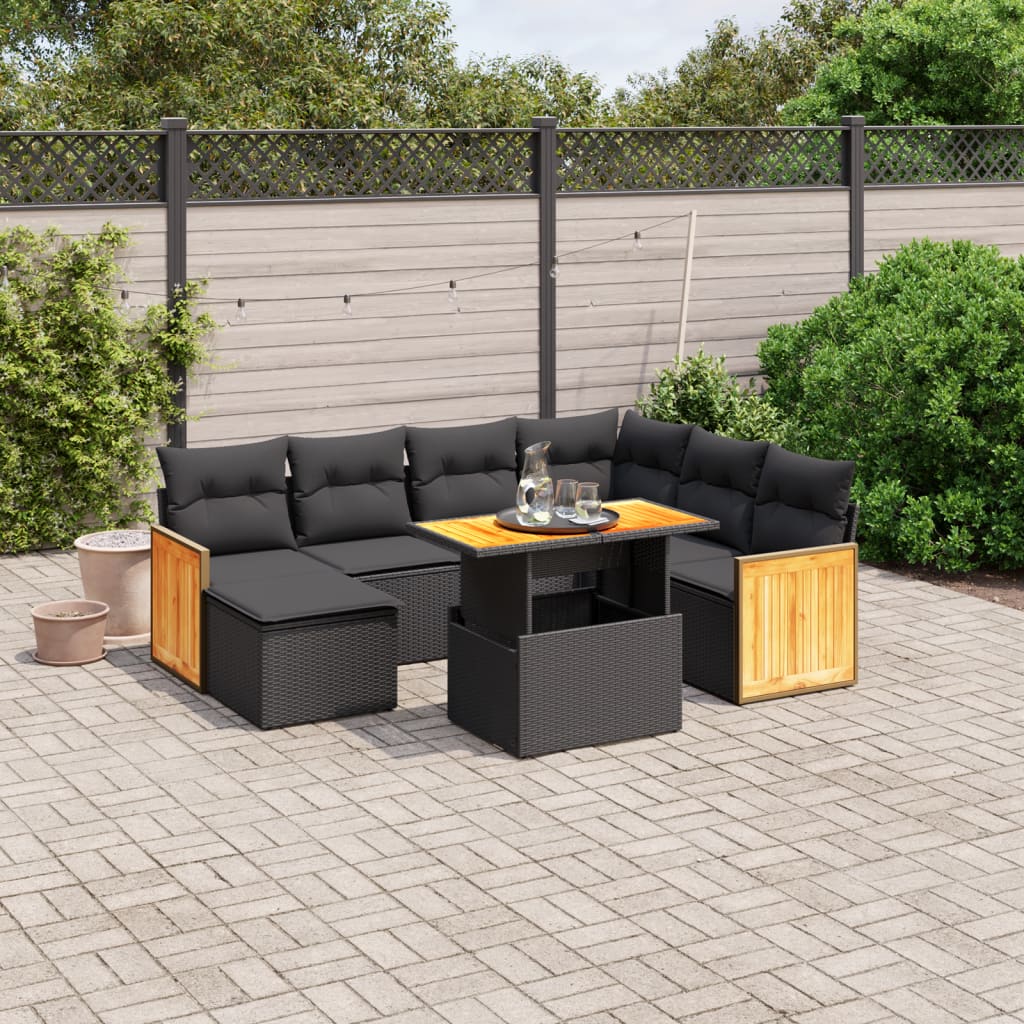 8 Piece Garden Sofa Set with Cushions Black Poly Rattan