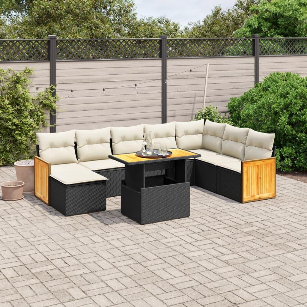 9 Piece Garden Sofa Set with Cushions Black Poly Rattan