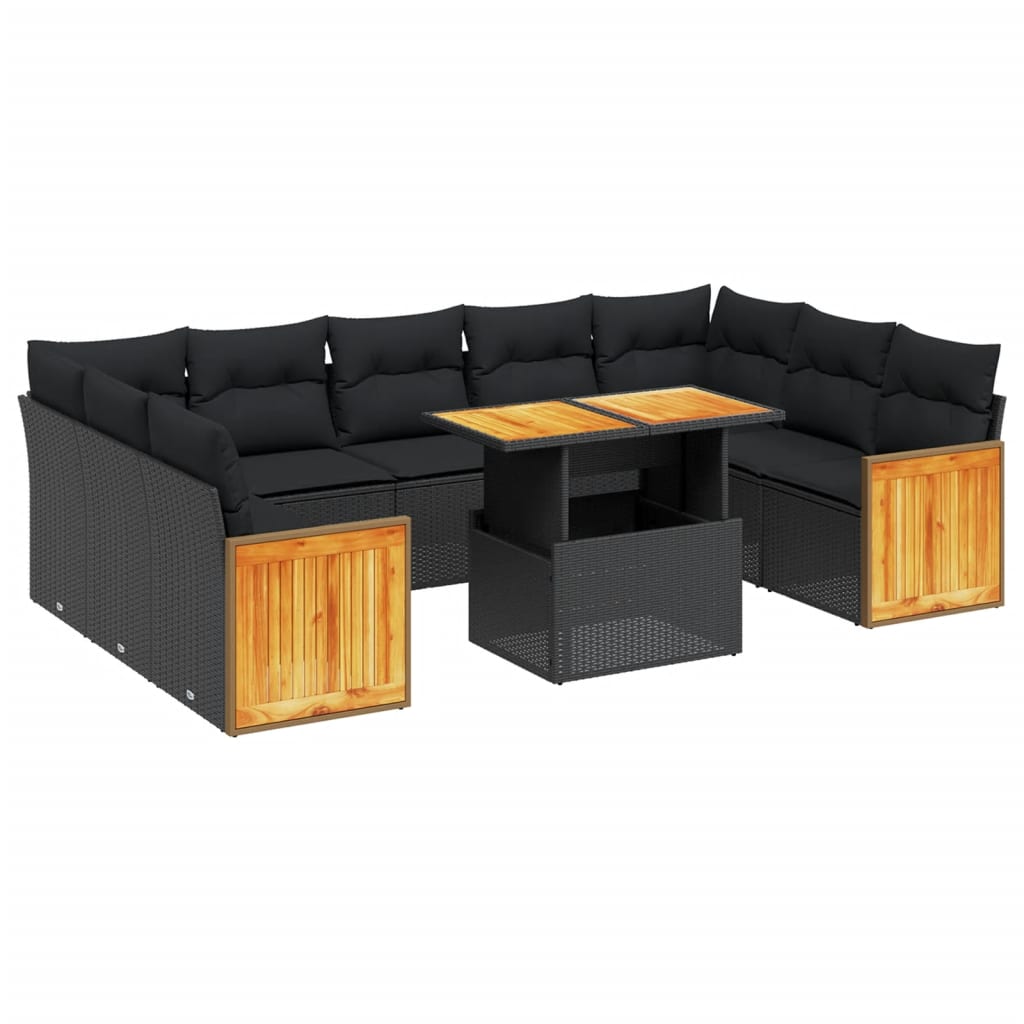 10 Piece Garden Sofa Set with Cushions Black Poly Rattan