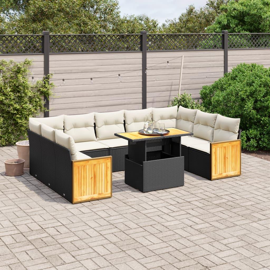 10 Piece Garden Sofa Set with Cushions Black Poly Rattan