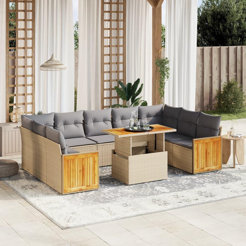 10 Piece Garden Sofa Set with Cushions Beige Poly Rattan