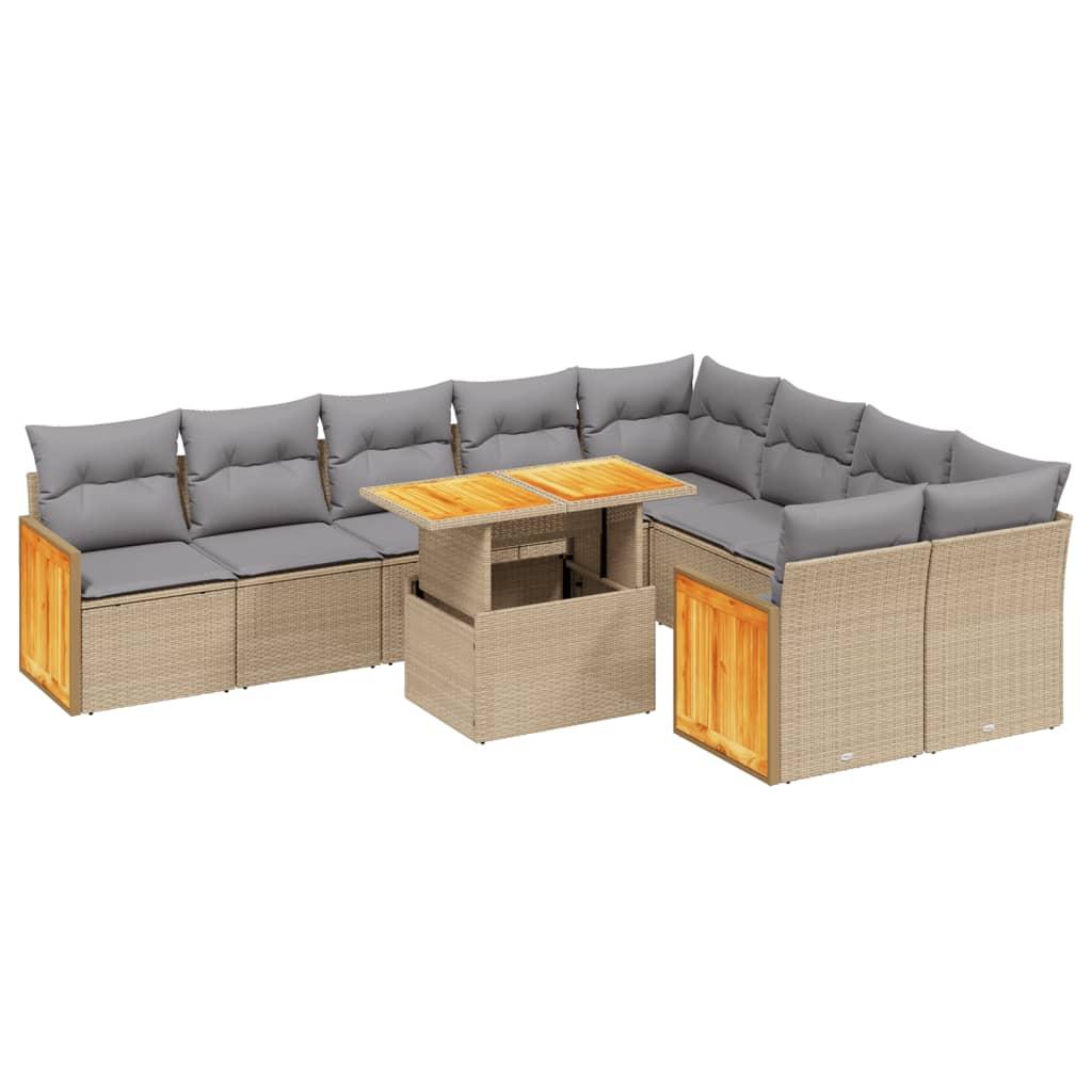 10 Piece Garden Sofa Set with Cushions Beige Poly Rattan