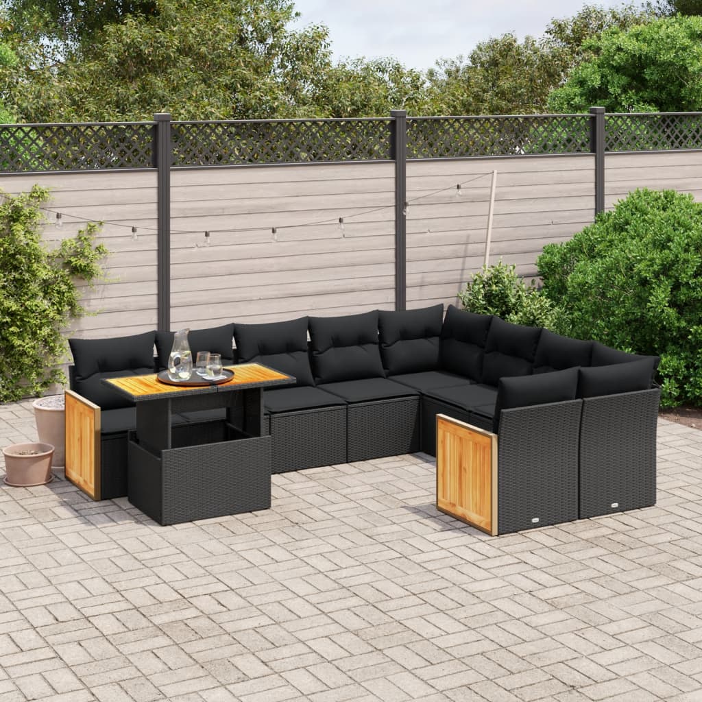 10 Piece Garden Sofa Set with Cushions Black Poly Rattan