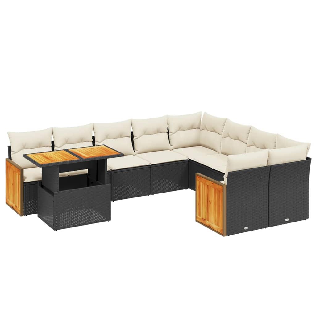 10 Piece Garden Sofa Set with Cushions Black Poly Rattan