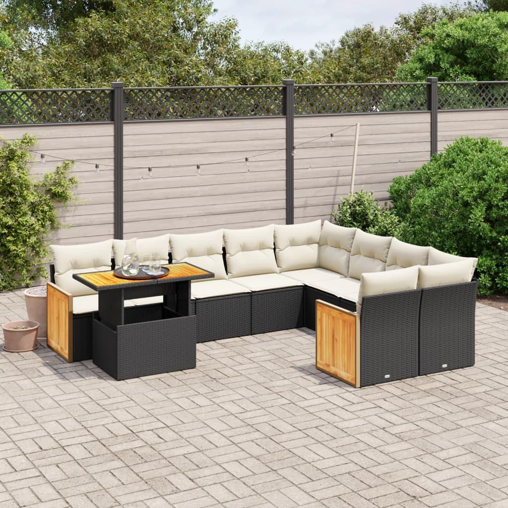 10 Piece Garden Sofa Set with Cushions Black Poly Rattan