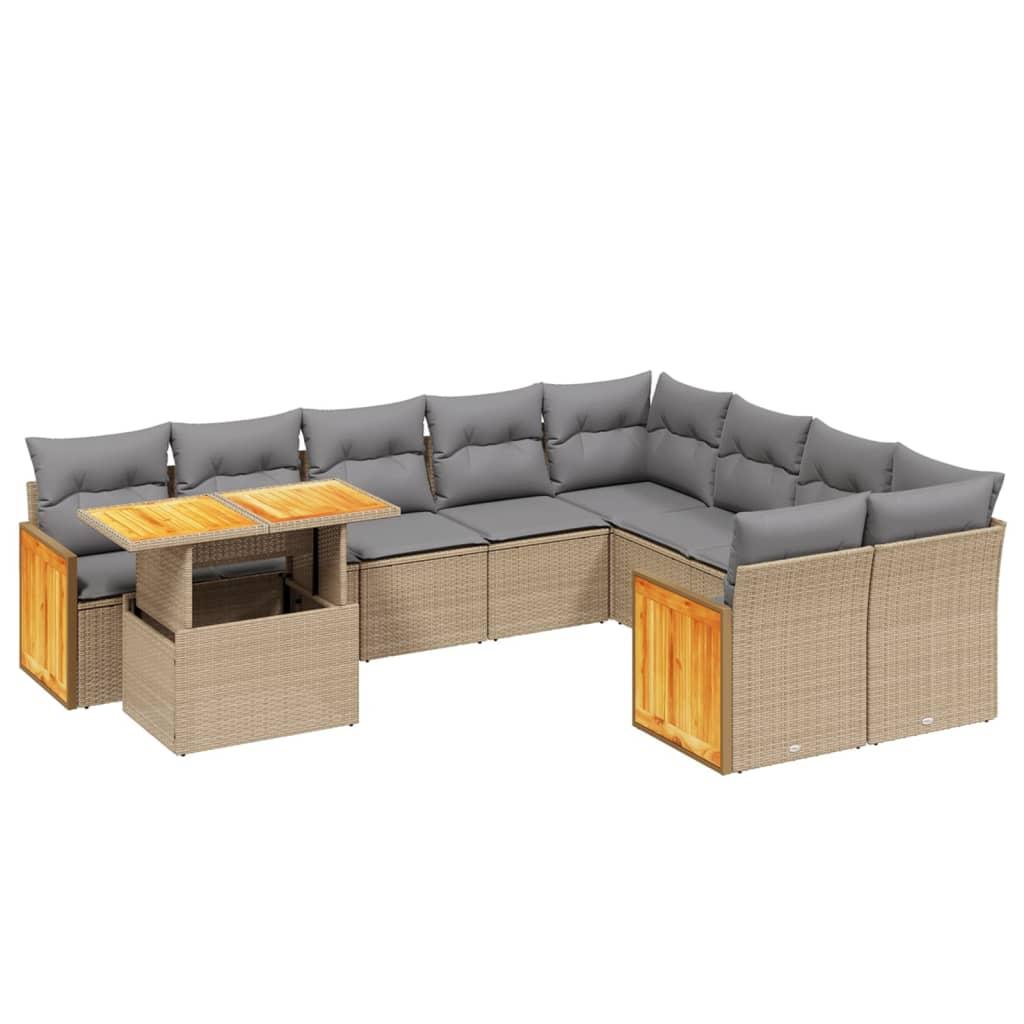 10 Piece Garden Sofa Set with Cushions Beige Poly Rattan