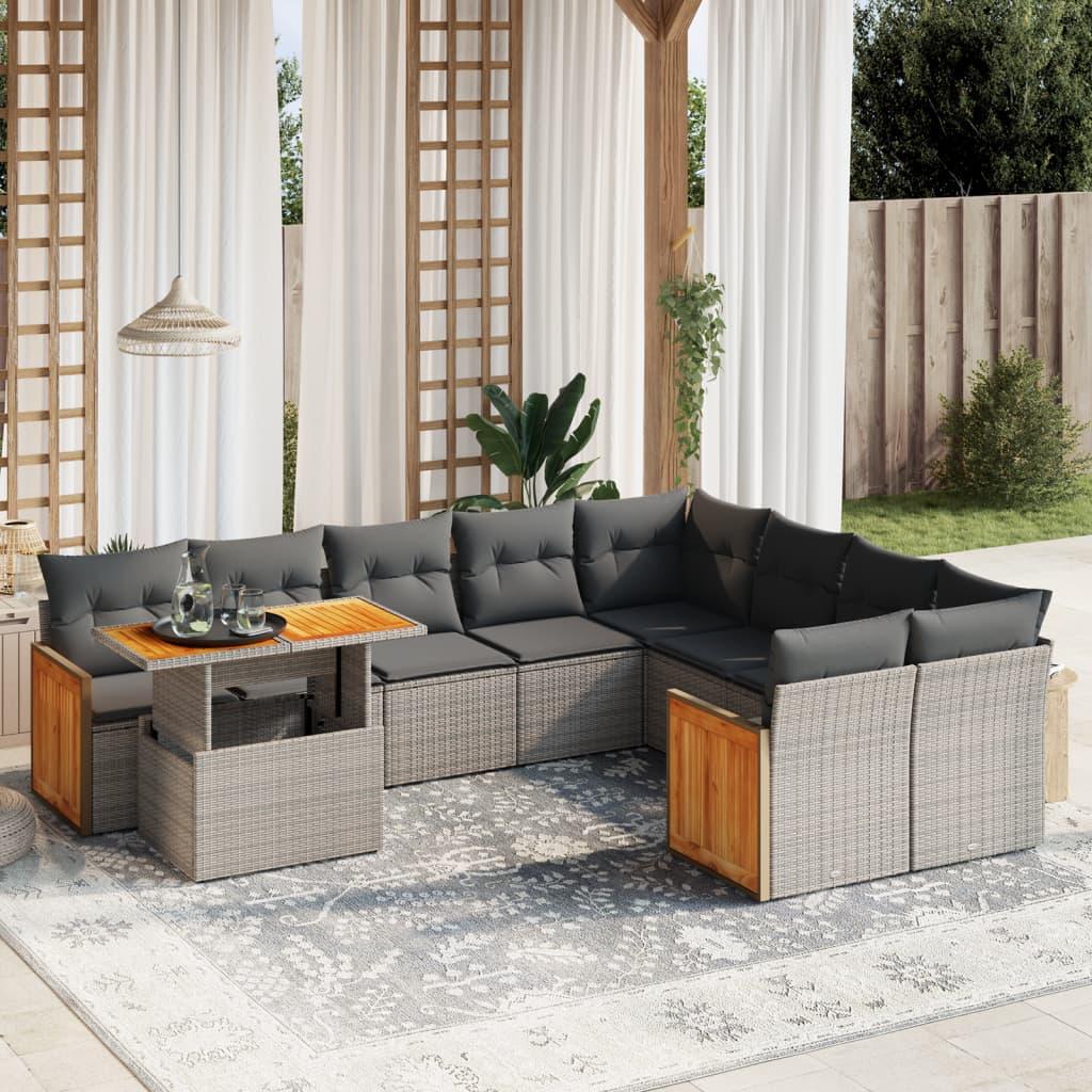 10 Piece Garden Sofa Set with Cushions Grey Poly Rattan