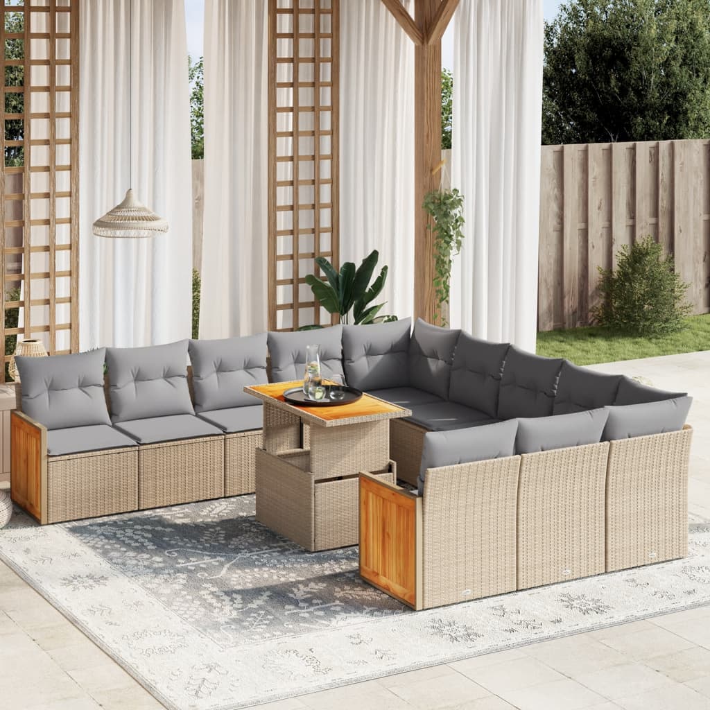 11 Piece Garden Sofa Set with Cushions Beige Poly Rattan