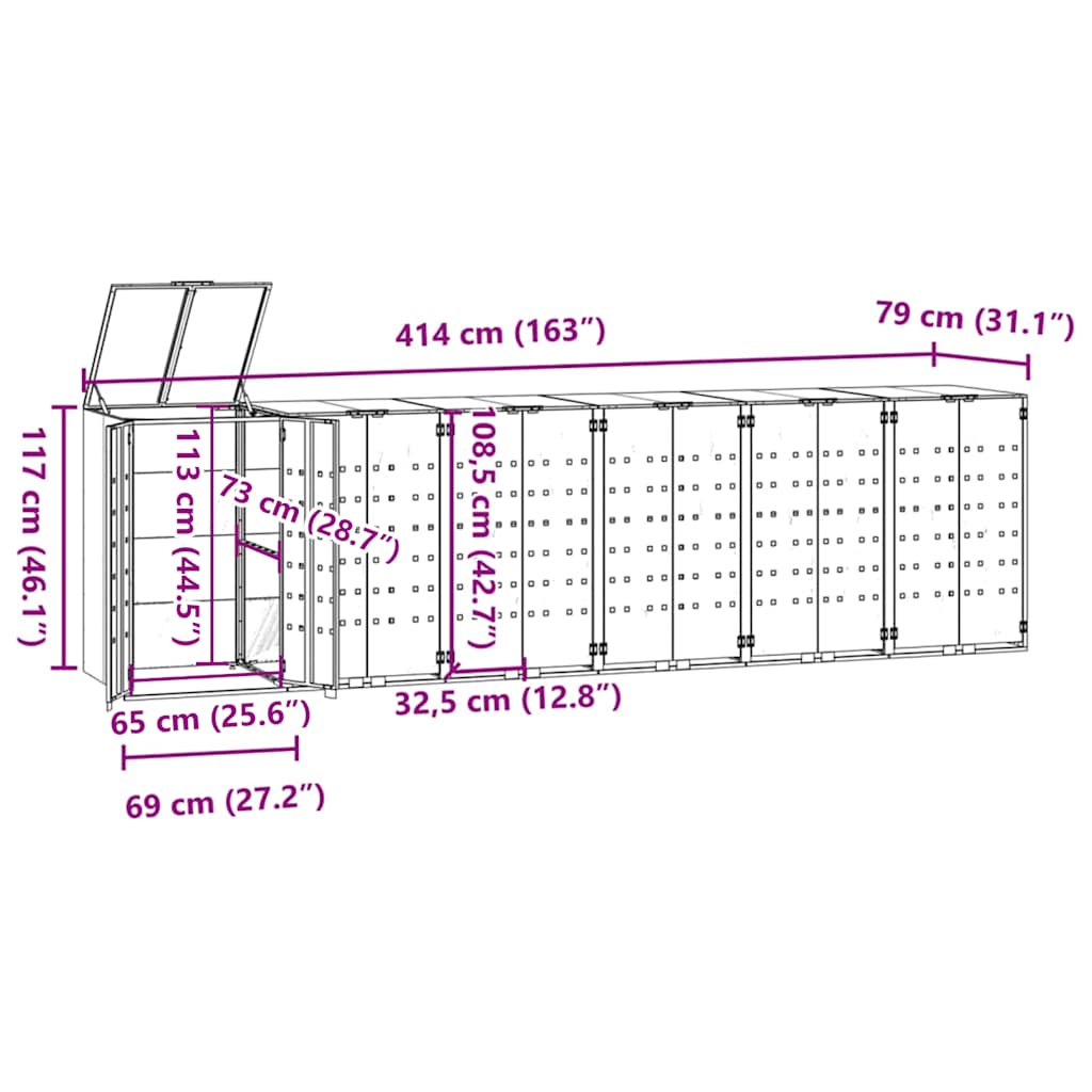 Wheelie Bin Storage for 6 Bins Grey 414x79x117 cm Steel