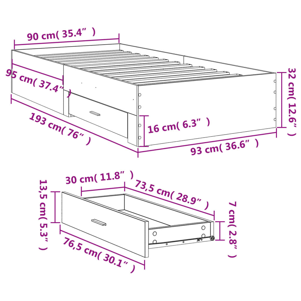 Bed Frame with Drawers without Mattress White 90x190 cm