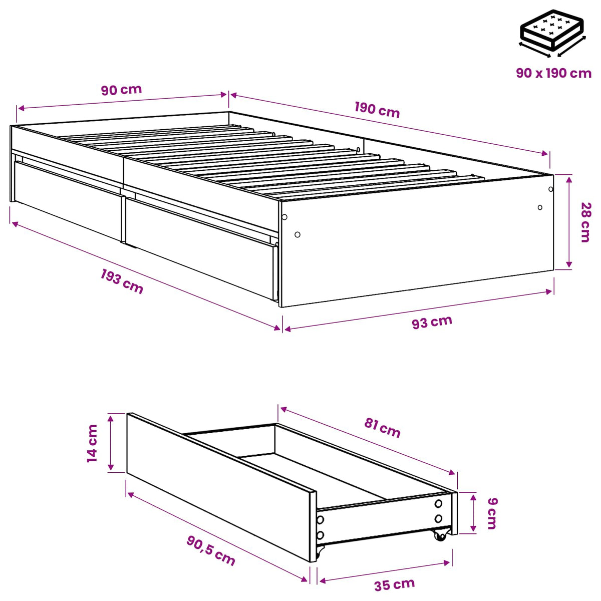 Bed Frame with Drawers without Mattress White 90x190 cm