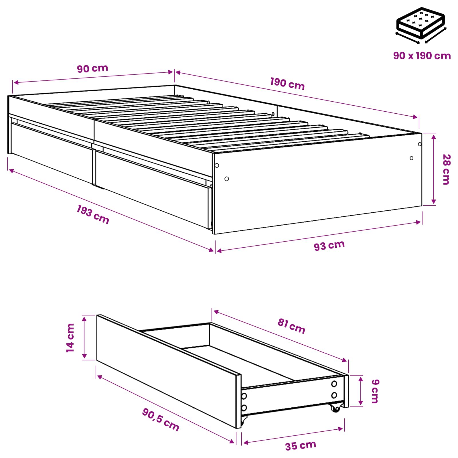 Bed Frame with Drawers without Mattress White 90x190 cm