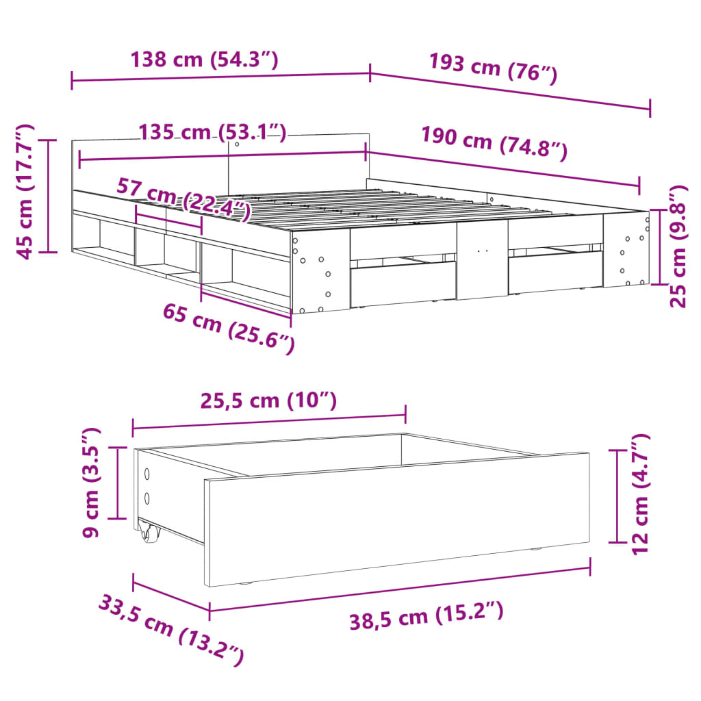 Bed Frame with Drawers without Mattress White 135x190 cm