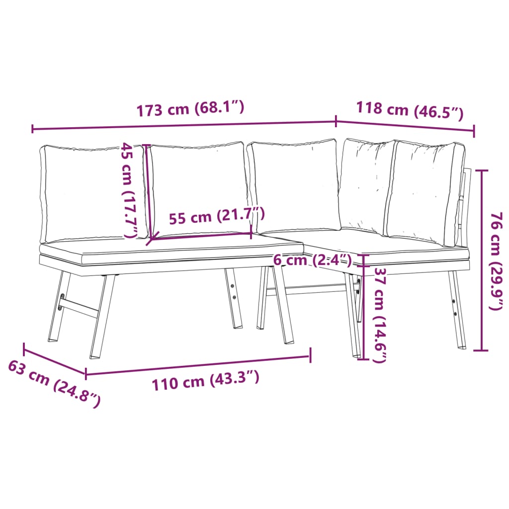 Garden Benches with Cushions 2 pcs Black Powder-coated Steel