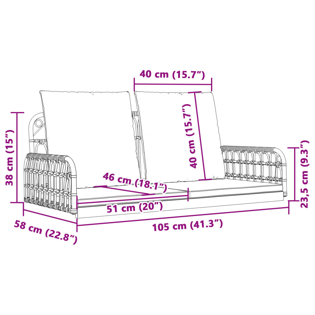 Swing Bench with Cushions 105x58x38 cm Poly Rattan and Steel