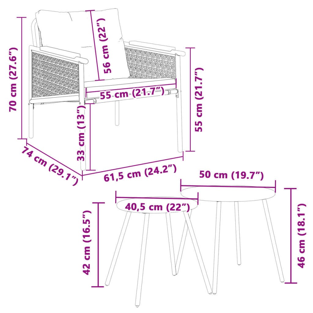 4 Piece Balcony Furniture Set with Cushions Black Steel