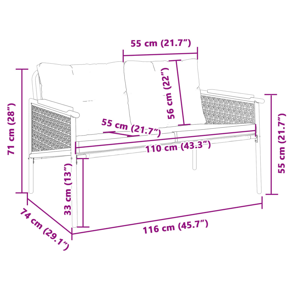 Garden Bench with Cushions 116 cm Black Steel