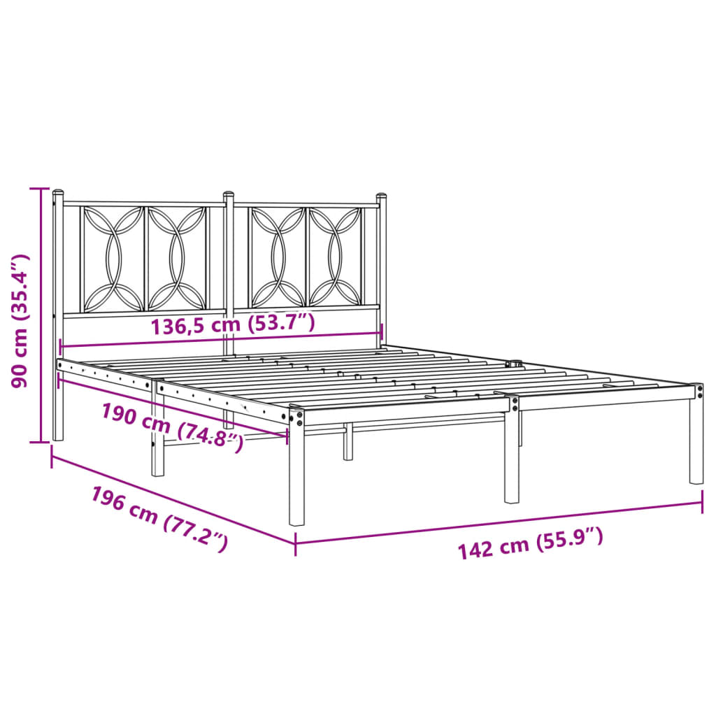 Metal Bed Frame without Mattress with Headboard Black 135x190 cm