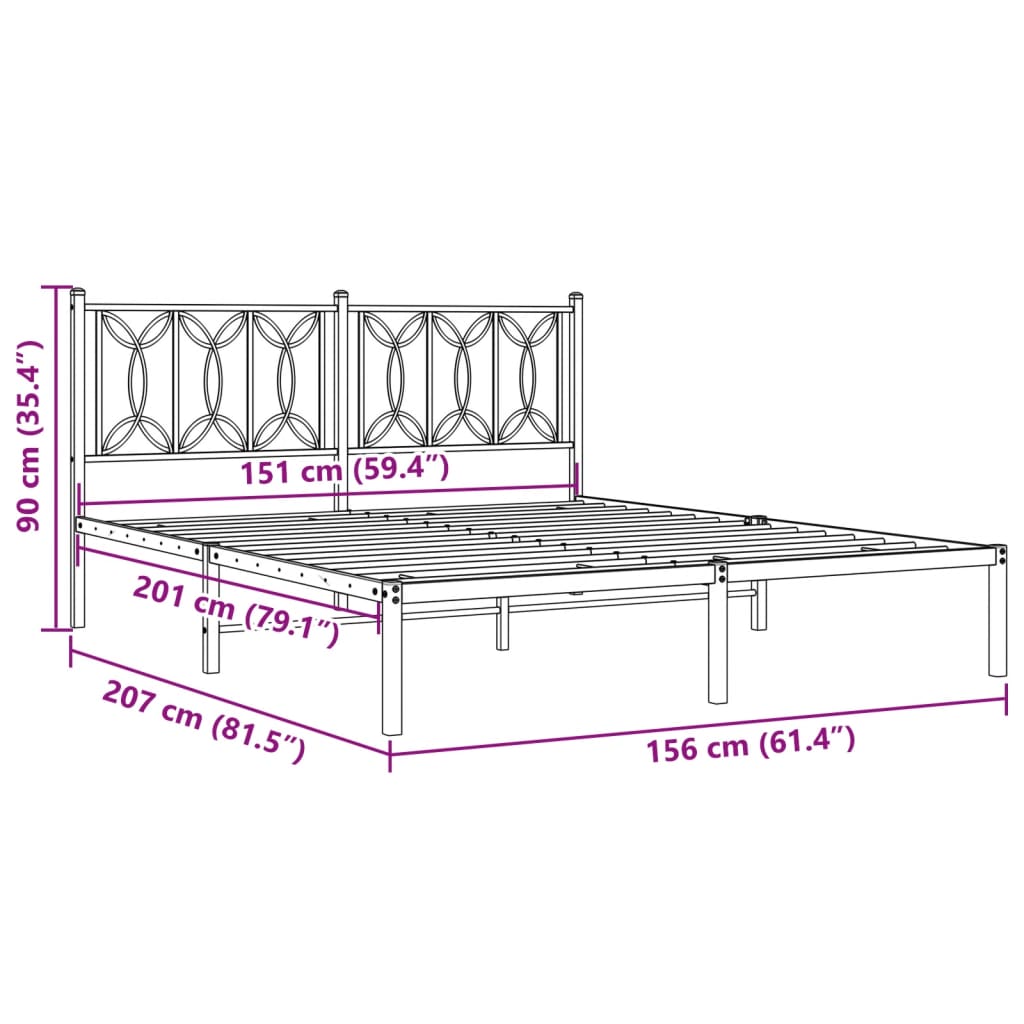 Metal Bed Frame without Mattress with Headboard Black 150x200 cm