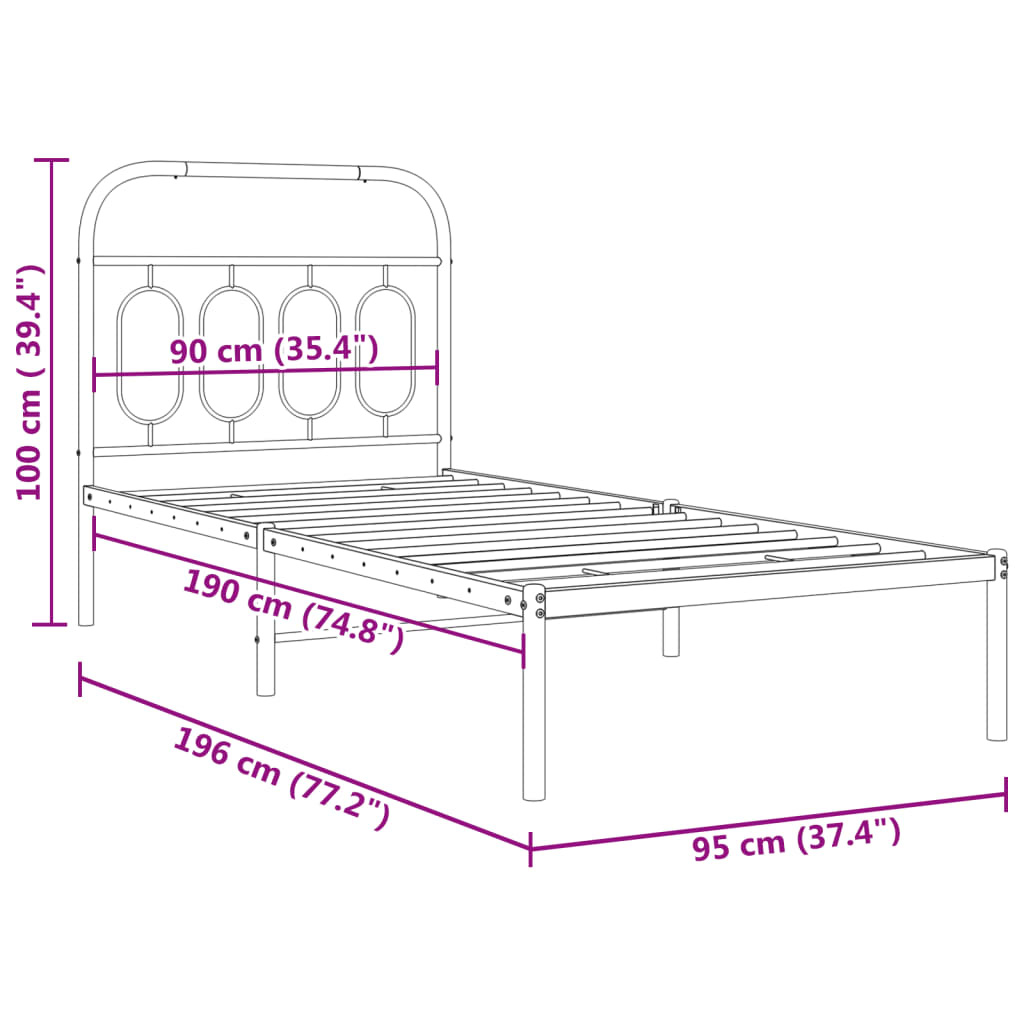 Metal Bed Frame without Mattress with Headboard Black 90x190 cm