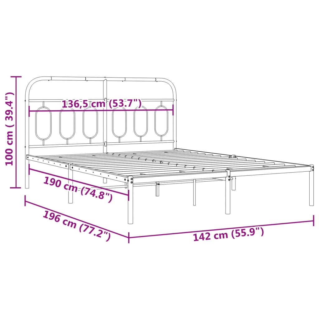 Metal Bed Frame without Mattress with Headboard Black 135x190 cm