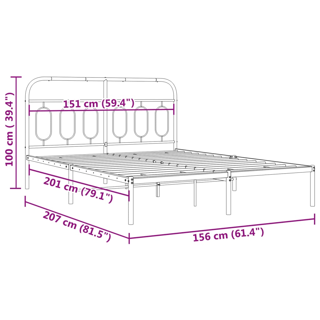 Metal Bed Frame without Mattress with Headboard Black 150x200 cm