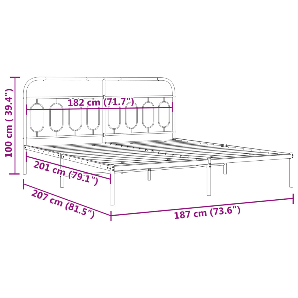 Metal Bed Frame without Mattress with Headboard Black 183x203 cm King