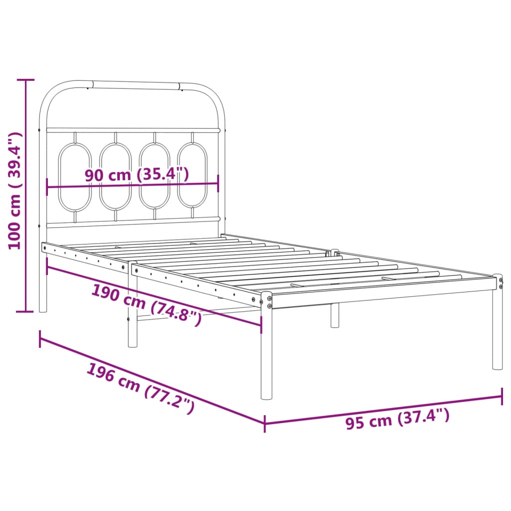 Metal Bed Frame without Mattress with Headboard White 90x190 cm