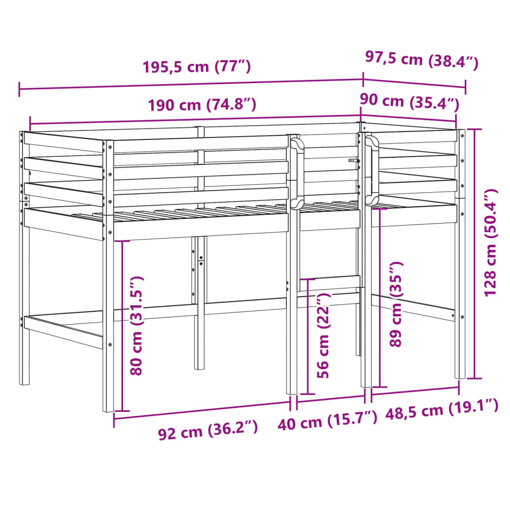 Kids' Loft Bed without Mattress 90x190 cm Solid Wood Pine