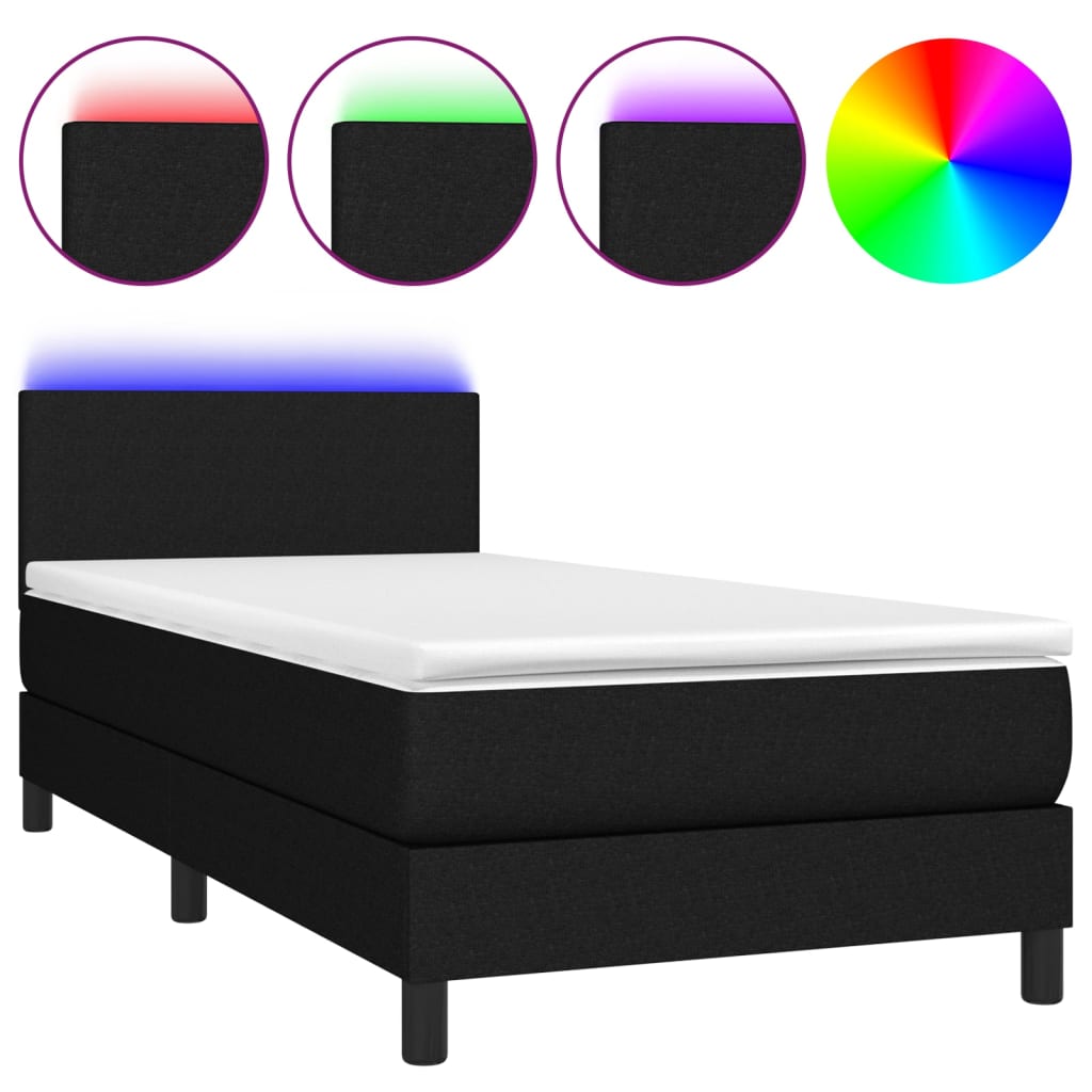 Box Spring Bed with Mattress&amp;LED Black 106x203 cm King Single Size Fabric