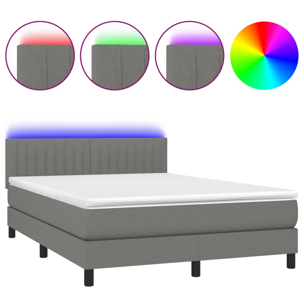 Box Spring Bed with Mattress&amp;LED Dark Grey 137x187 cm Double Size Fabric