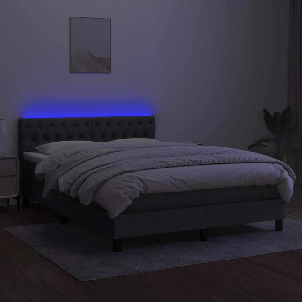 Box Spring Bed with Mattress&amp;LED Dark Grey 137x187 cm Double Size Fabric