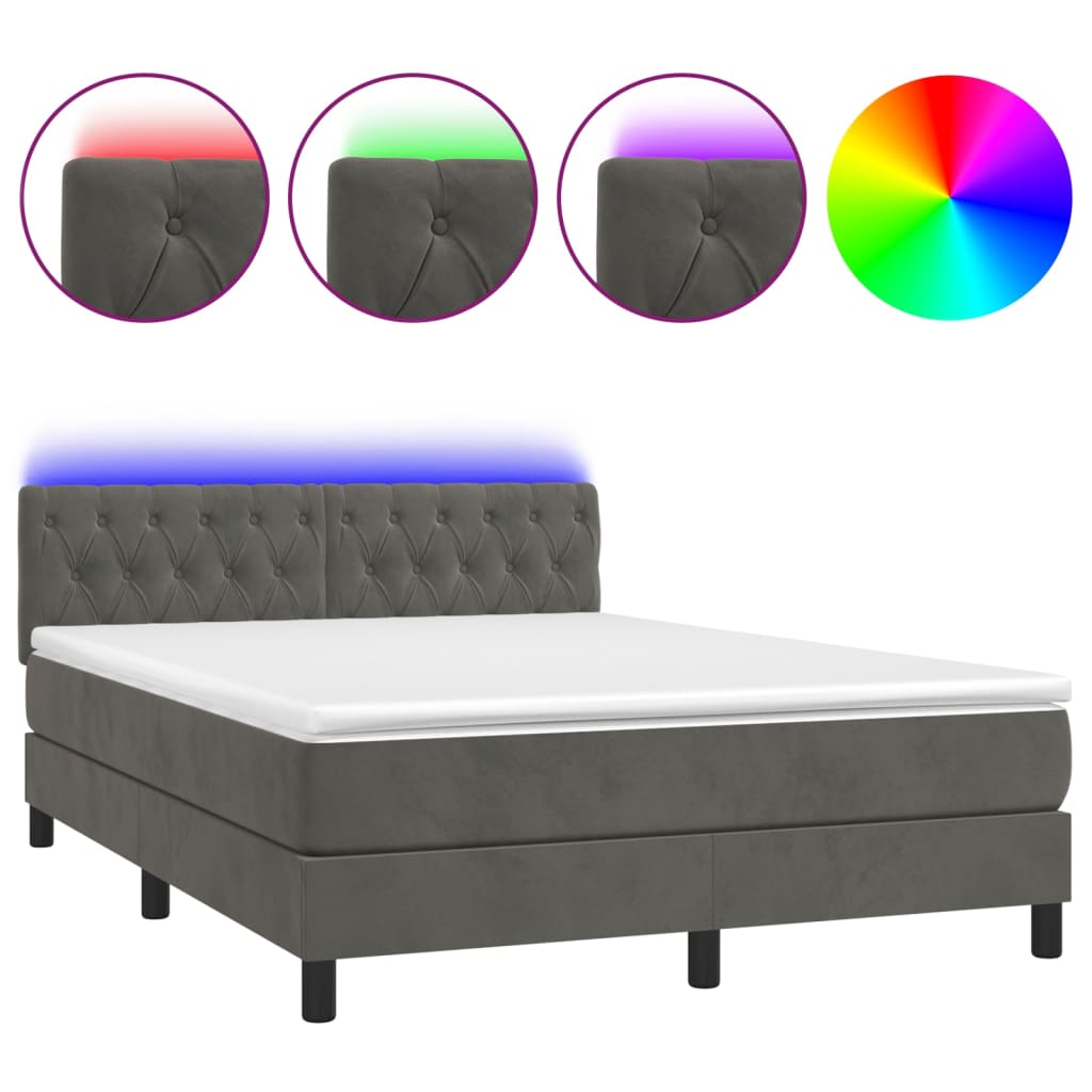 Box Spring Bed with Mattress&amp;LED Dark Grey 153x203 cm Queen Size Velvet